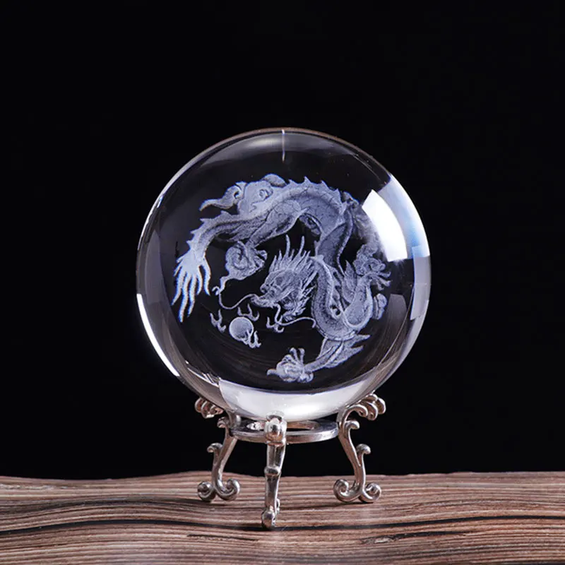 6 cm/ 8cm 3D Crystal Ball with Dragon Miniature Figurine Sphere Laser Engraved Craft Globe LED Base Home Decor | Дом и сад