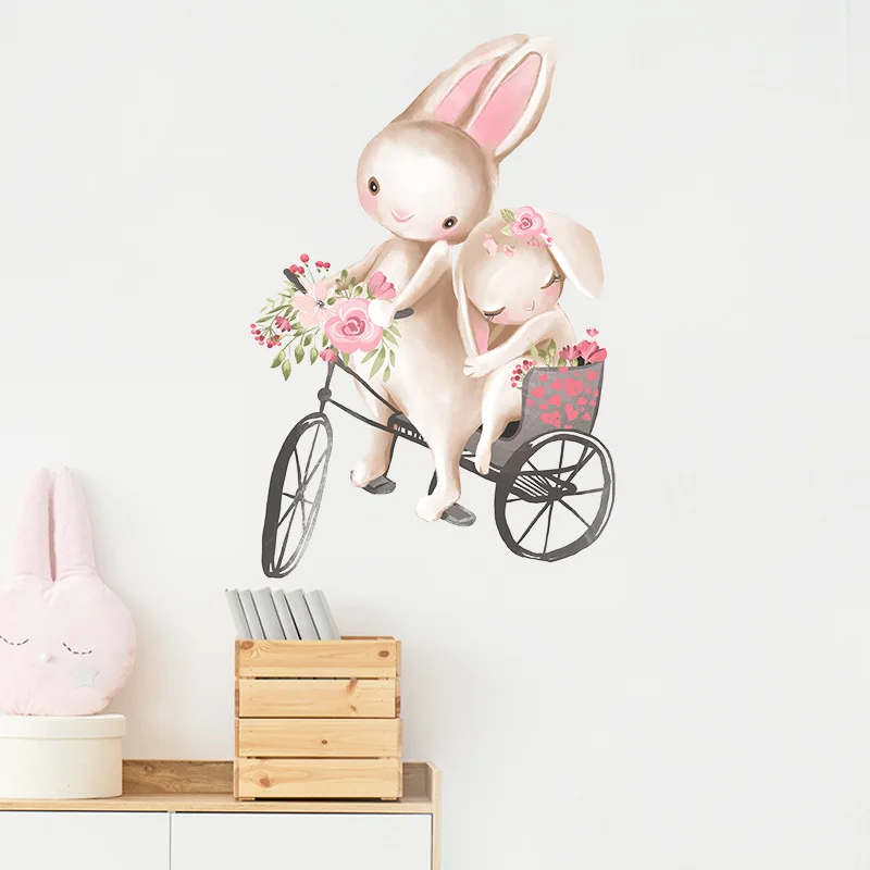 

Cute Rabbit Cycling Couple Wall Stickers Children's Room Baby Room Decoration Stickers Girls Bedroom Wall Stickers