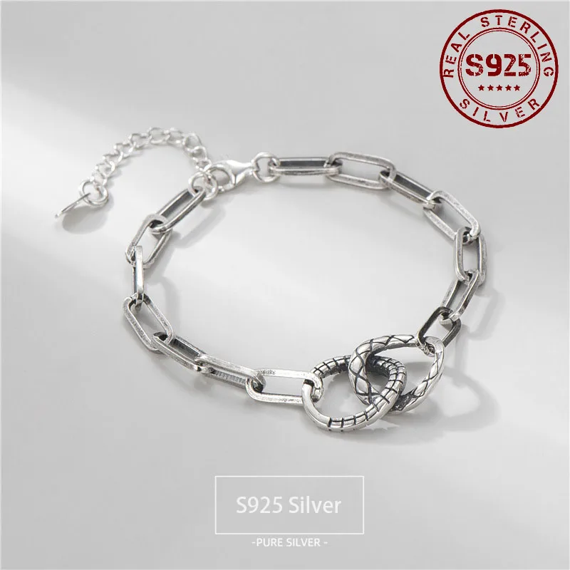 

Женский серебряный браслет из серебра 925 пробы, креативный ретро-браслет в стиле хип-хоп с звеньями Цепи