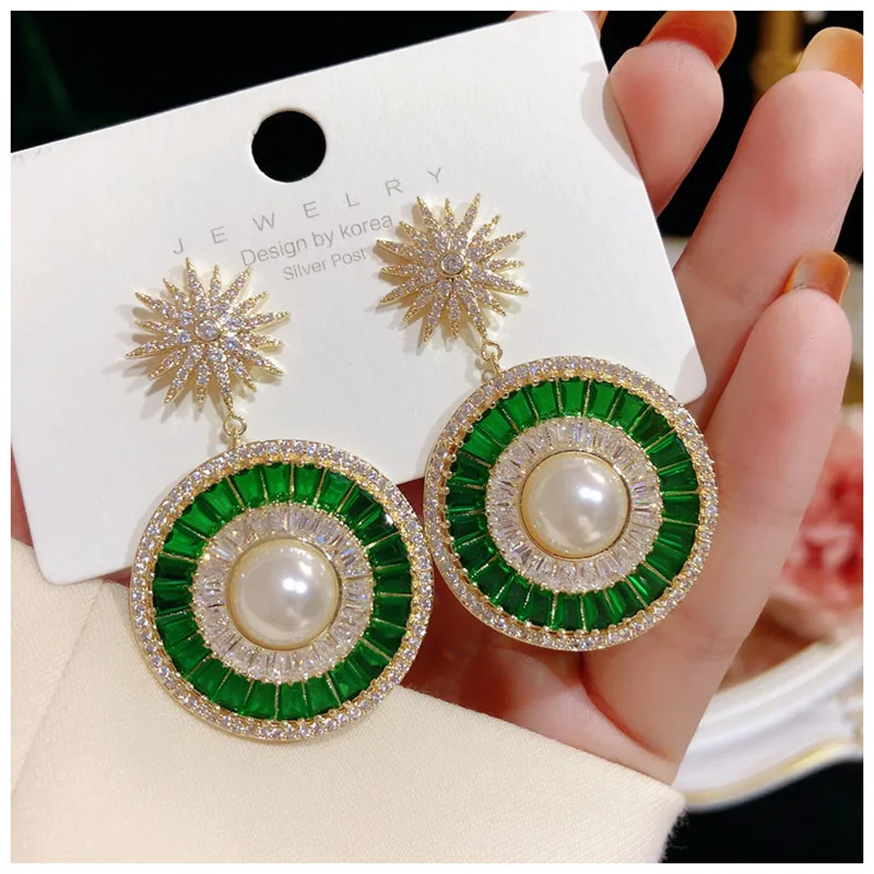 

S925 SILVER NEEDLES DROP EARRINGS FOR WOMEN VINTAGE EMERALD T CUBIC ZIRCONIA FINE JEWELRY DISC STAR LUXURY BRIDAL ACCESSORIES