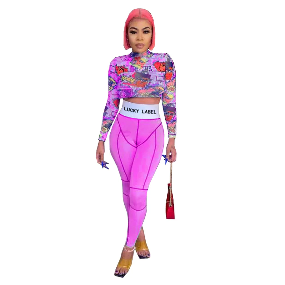 

Fall Casual Letter Sexy Two Piece Set Tracksuit for Women Pattern Print Long Sleeve Crop Top and High Waist Skinny Legging Suits