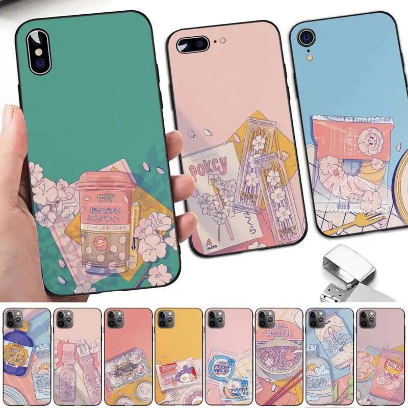 

Japanese Cat Snacks Food Cherry blossoms Drink Art Phone Case for iphone 8 7 6 6S Plus X 5S SE 2020 XR 11 12mini pro XS MAX