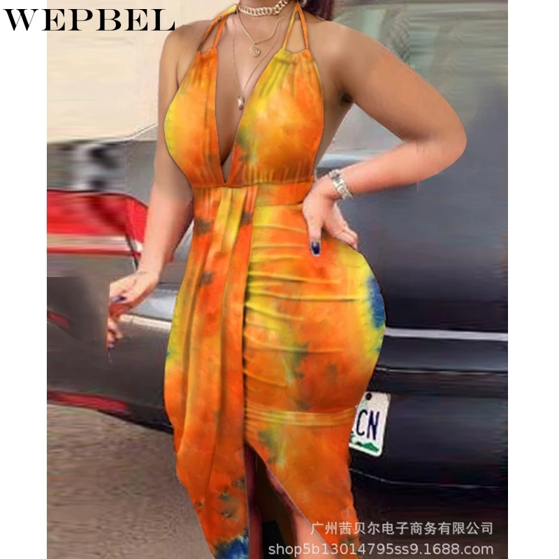 

Платье WEPBEL женское с V-образным вырезом, повседневное асимметричное с принтом, с завязкой, с открытой спиной, на бретелях-спагетти, без рукав...