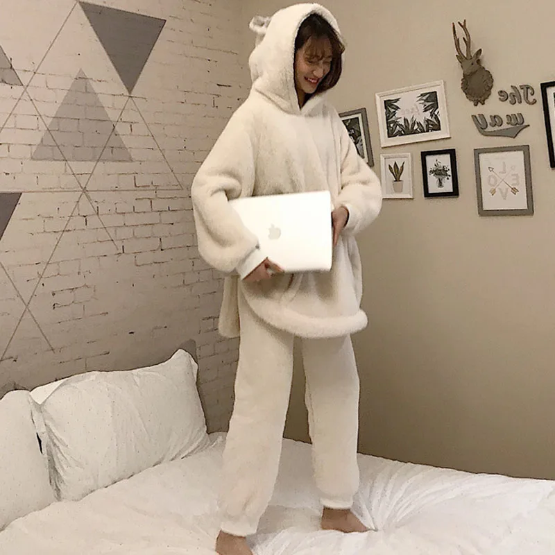 Зимняя женская пижама теплая одежда для сна свободная большой размер 2 штуки