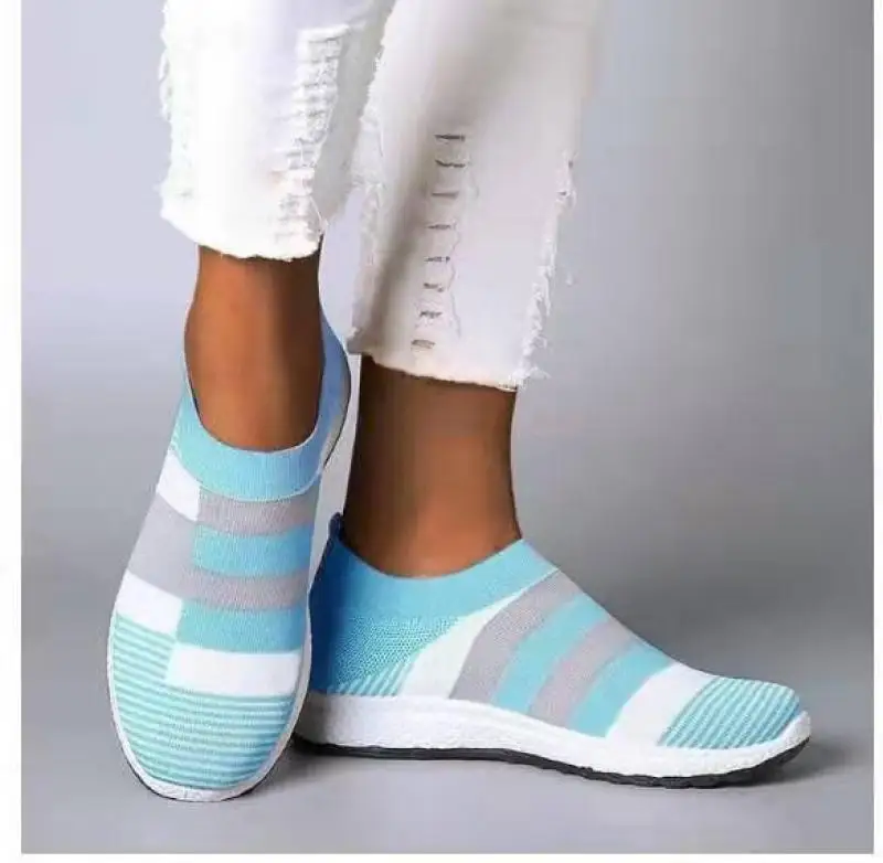 

Fashion Women Sneakers Vulcanized Shoes Casual Stripes Color Matching Flat Sneakers Breathable Mesh Outdoor Walking Shoes