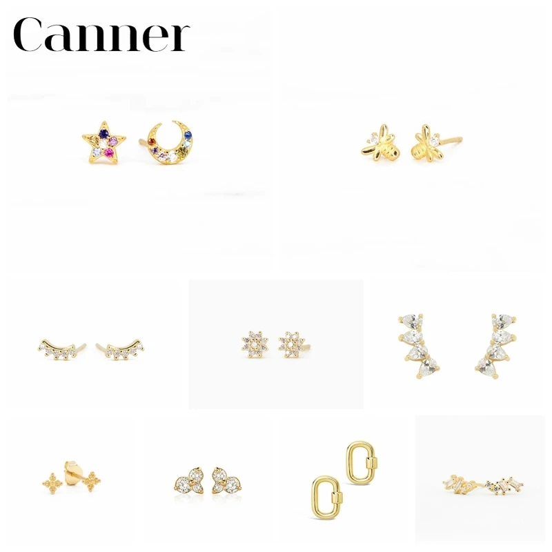 

Canner Ear Studs Sterling Silver Earrings For Women Moon Star Geometric CZ Piercing Jewelry 2021 Trend Pendientes Plata 925 W5
