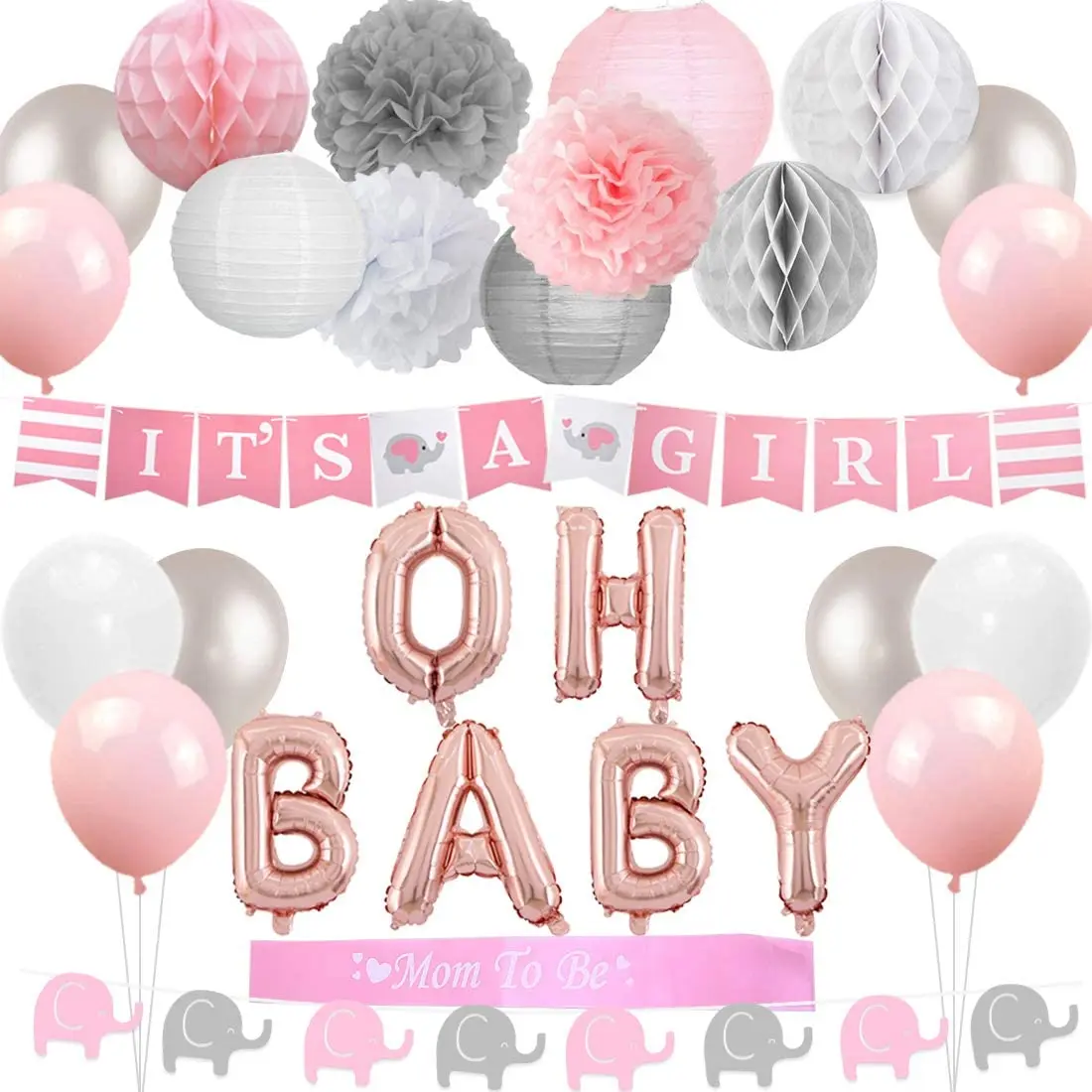 

Pink Gray and White Elephant Theme Baby Shower Decorations for Girl with Balloons Mom to Be Sash Cake Topper, Paper Pom Poms