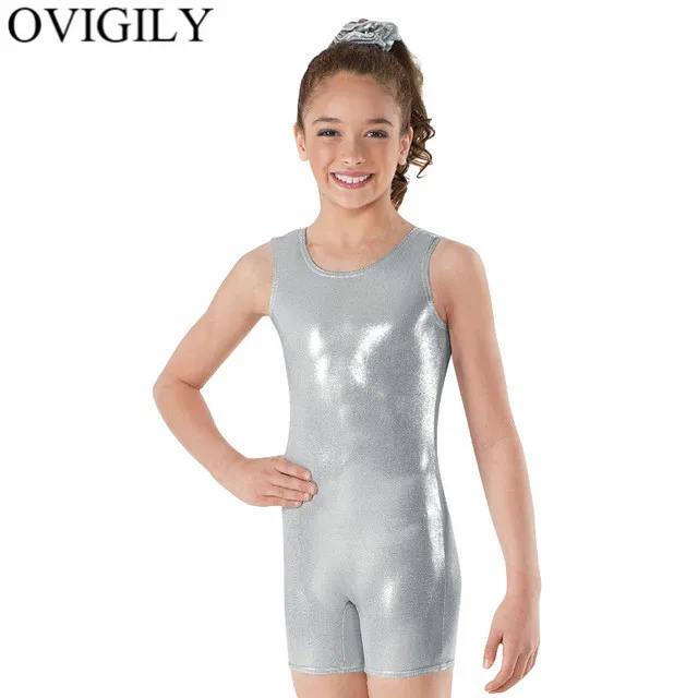 Silver OVIGILY/Красная Майка для девочек, бикетард, спандекс, металлический танцевальный трико для детей, цельный гимнастический комбинезон, боди для малышей - Цвет: Silver