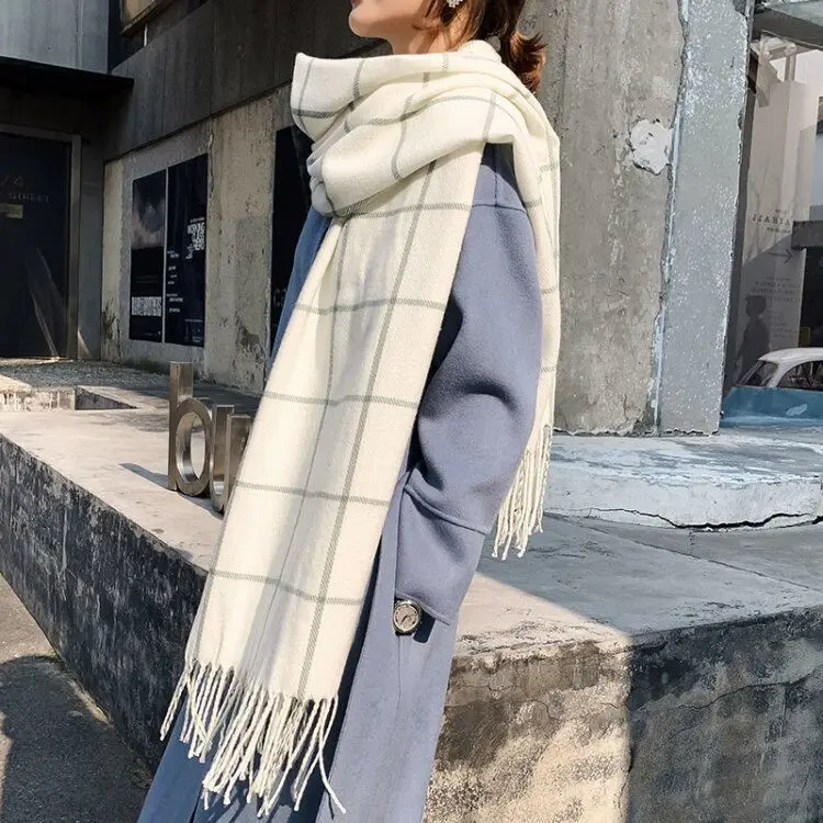 

Scarf Women's Winter Korean Version Knitted Large Lattice Outdoor Warm Tassel Versatile Couple Women's Travel Shopping Bib