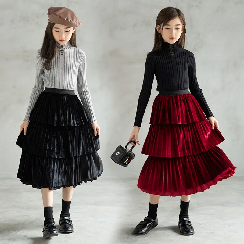 

Winter Autumn Velvet Kids Girls Skirt Children Casual Long High Waist Teenager Skirts Cute Costume Spring Clothing Black Red