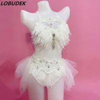led white feather rhinestones bikini pole dancing outfit sexy nightclub party rave show dj singer dancer performance costume