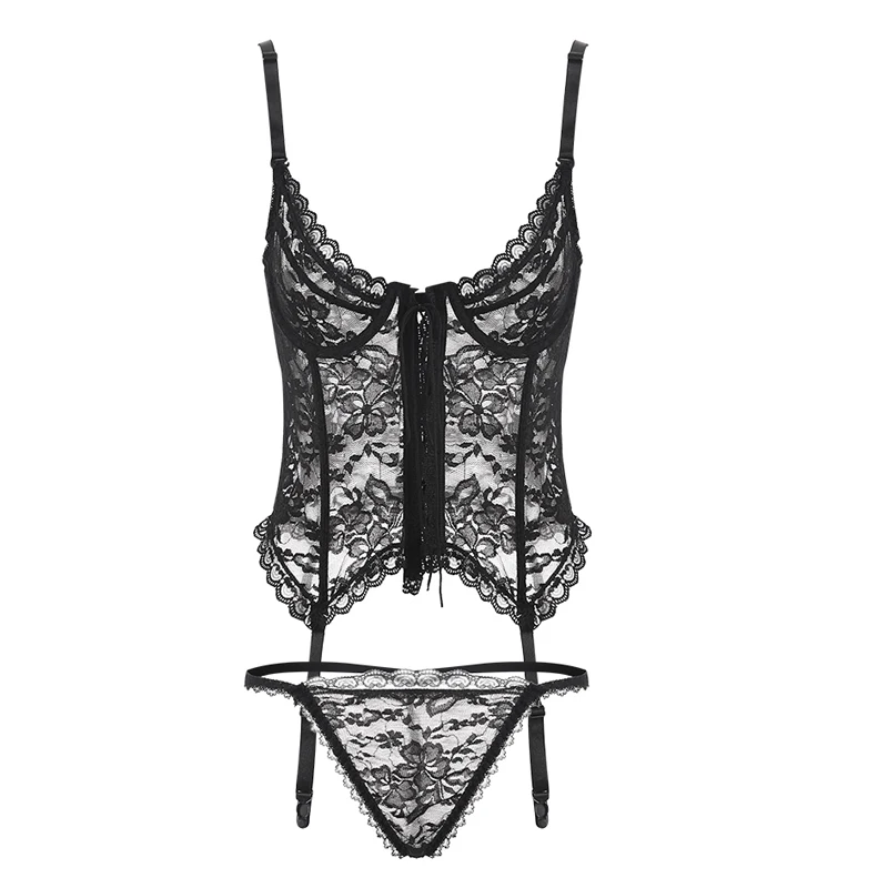 

Ultrathin Lace Push Up Corset and Bustiers Sexy Thin Nightgown Female Sling Sleepwear With Thong Underwear One Size