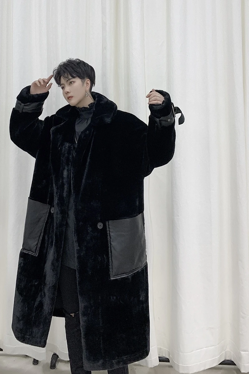 

2019 Winter New Youth Popular Faux Fur One Lapel Plus Cotton Windbreaker Fashion Casual Stitching Long Coat Black M-XL