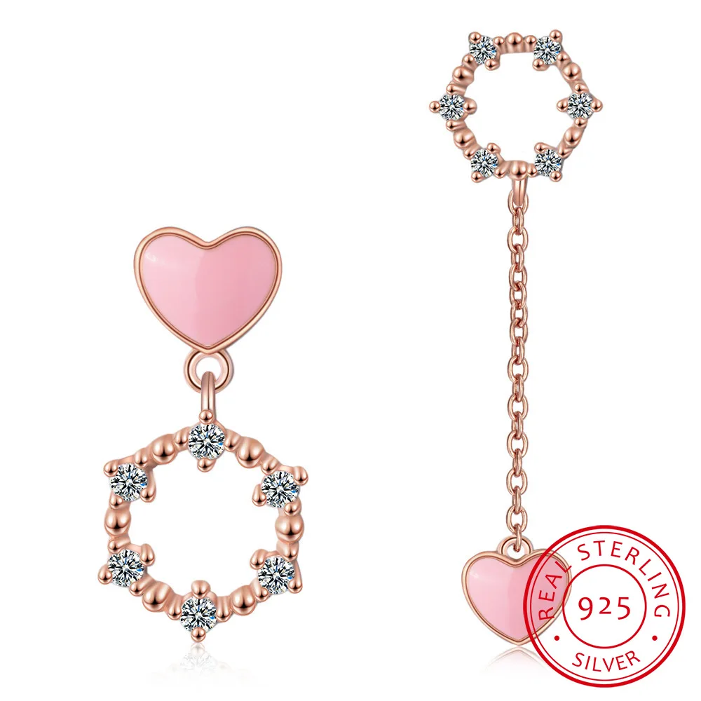 Серьги-кисточки из серебра ассиметричные серьги пробы с розовым сердечком 925 пробы геометрической формы с цирконием S-E783