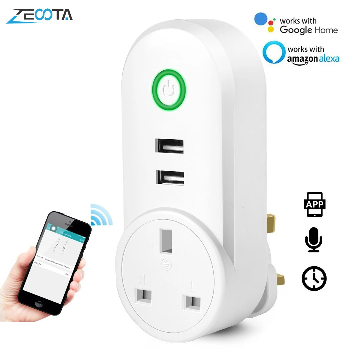 Wifi смарт Мощность штепсельная вилка Великобритании розетки с USB Стабилизатор