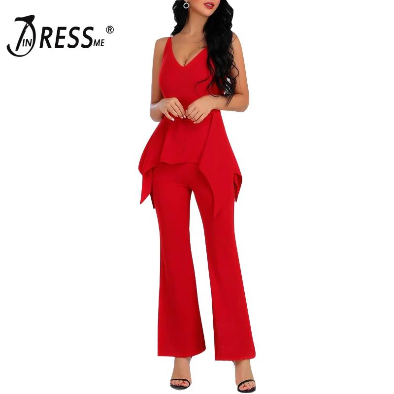 

INDRESSME 2019 New Fashion Sexy Women V Neckline Strap Sleeveless Flares Full Length Party Club Bodycon Jumpsuit Wiht Ruffles