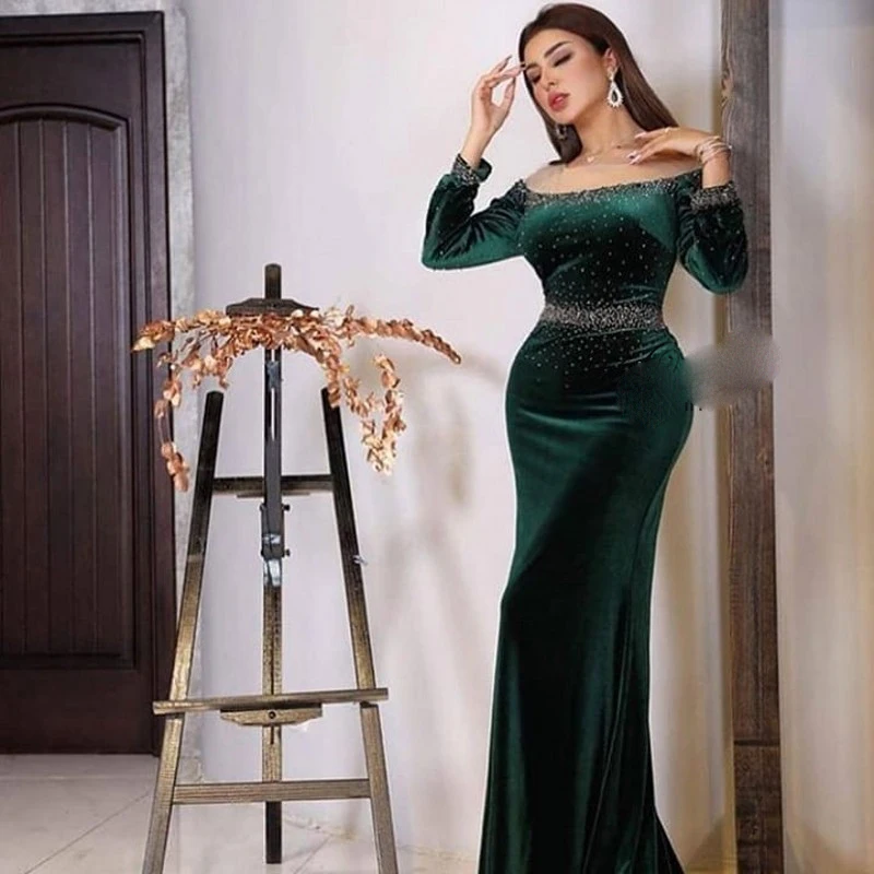 Дубай изумрудно зеленое элегантное вечернее платье с длинными рукавами и