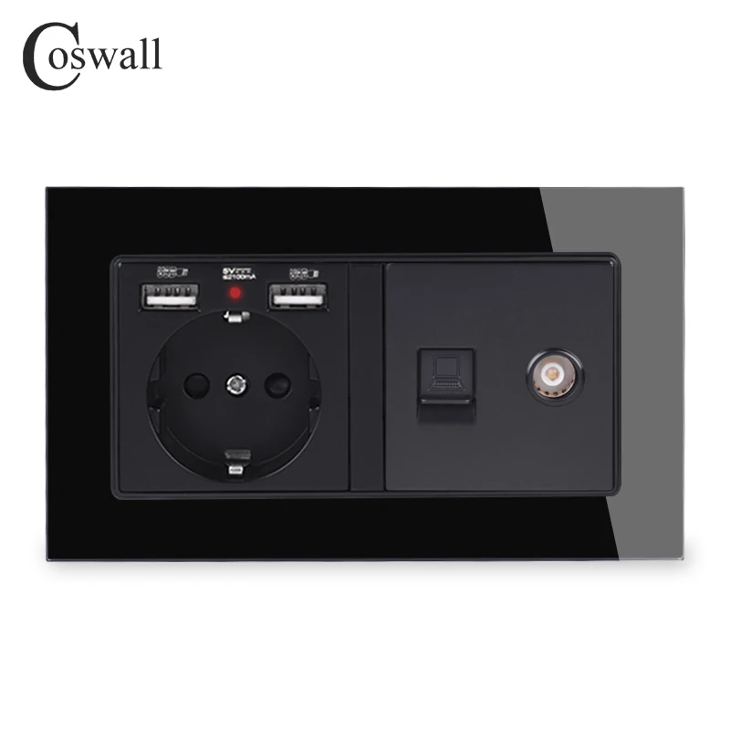 Black COSWALL Россия Испания стандарт ЕС розетка 2 USB порт зарядки+ женский ТВ разъем с CAT5E RJ45 Интернет Джек стеклянная панель - Тип: Black