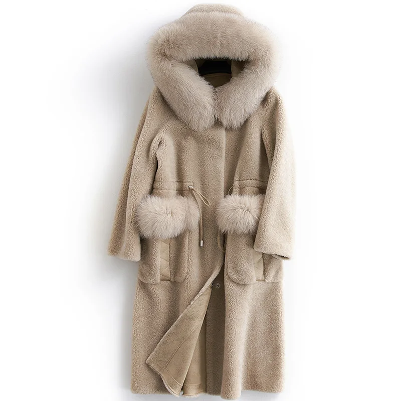 

Пальто Женская длинная овечья стрижка женская зимняя одежда 2020 корейский натуральный Лисий мех с капюшоном 100% Шерсть Топы LW2302