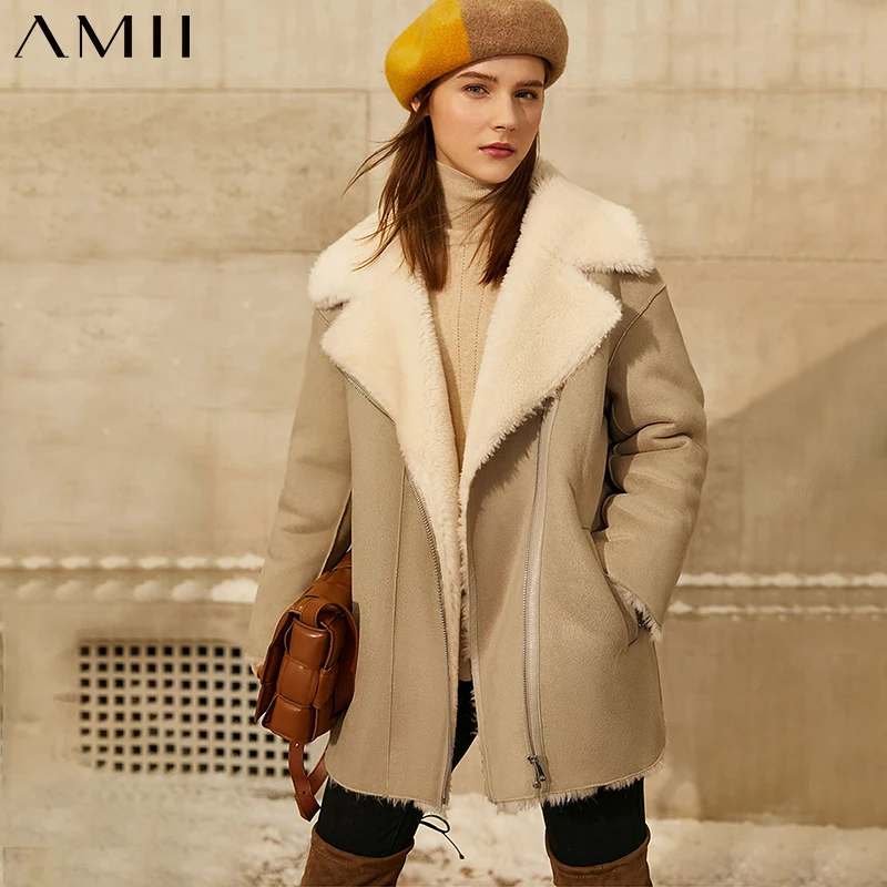 Amii Minimalism Winter Fur Coat Women Fashion Western style Thick Lapel Zipper Straight Women's Jacket Coat Female 12020370