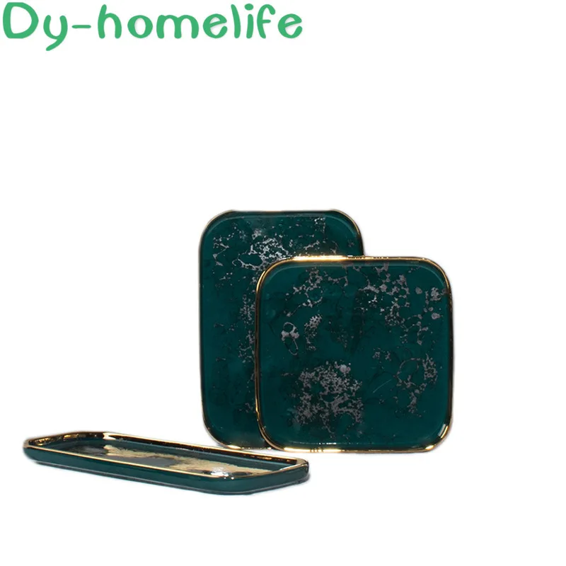 

Ceramic Tableware Nordic Phnom Penh Green Marble Pattern Plate Bone China Square Western Food Plate Home Kitchen Supplies