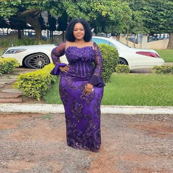 

Purple Lace Applique Long Sleeve Prom Party Banquet Dress African Large Size Customization