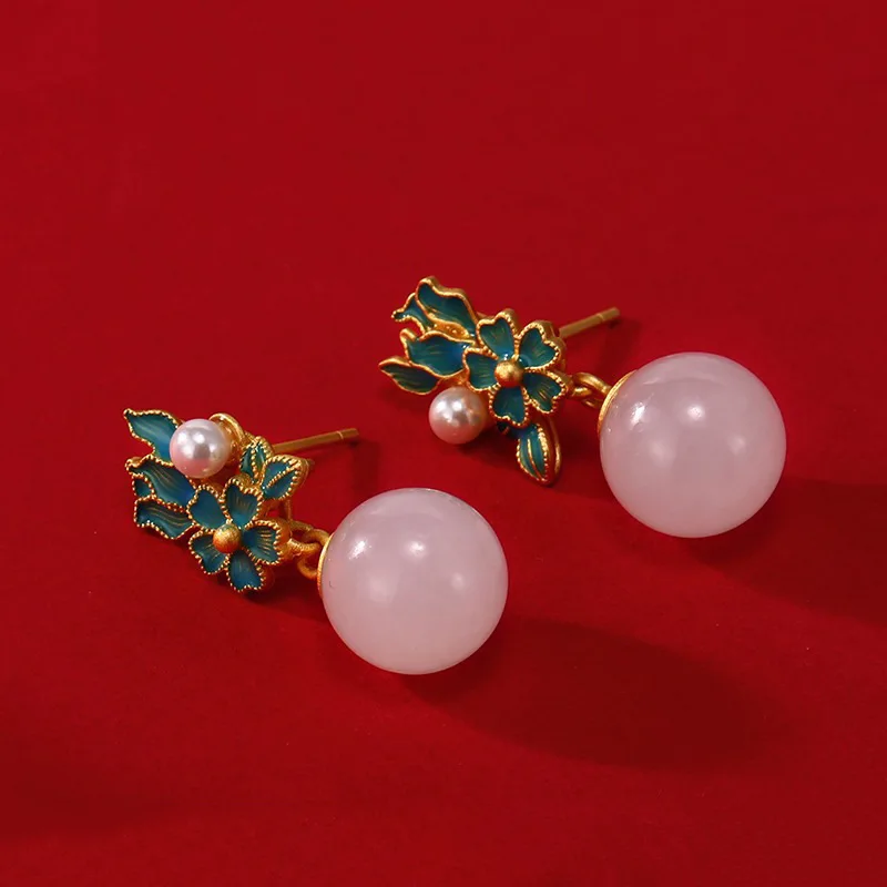 

Chinese Style Enamel Elegant Female Charm Pearl Imitation Hotan White Jade Stone Round Beads Earring Vintage Minorities Jewelry