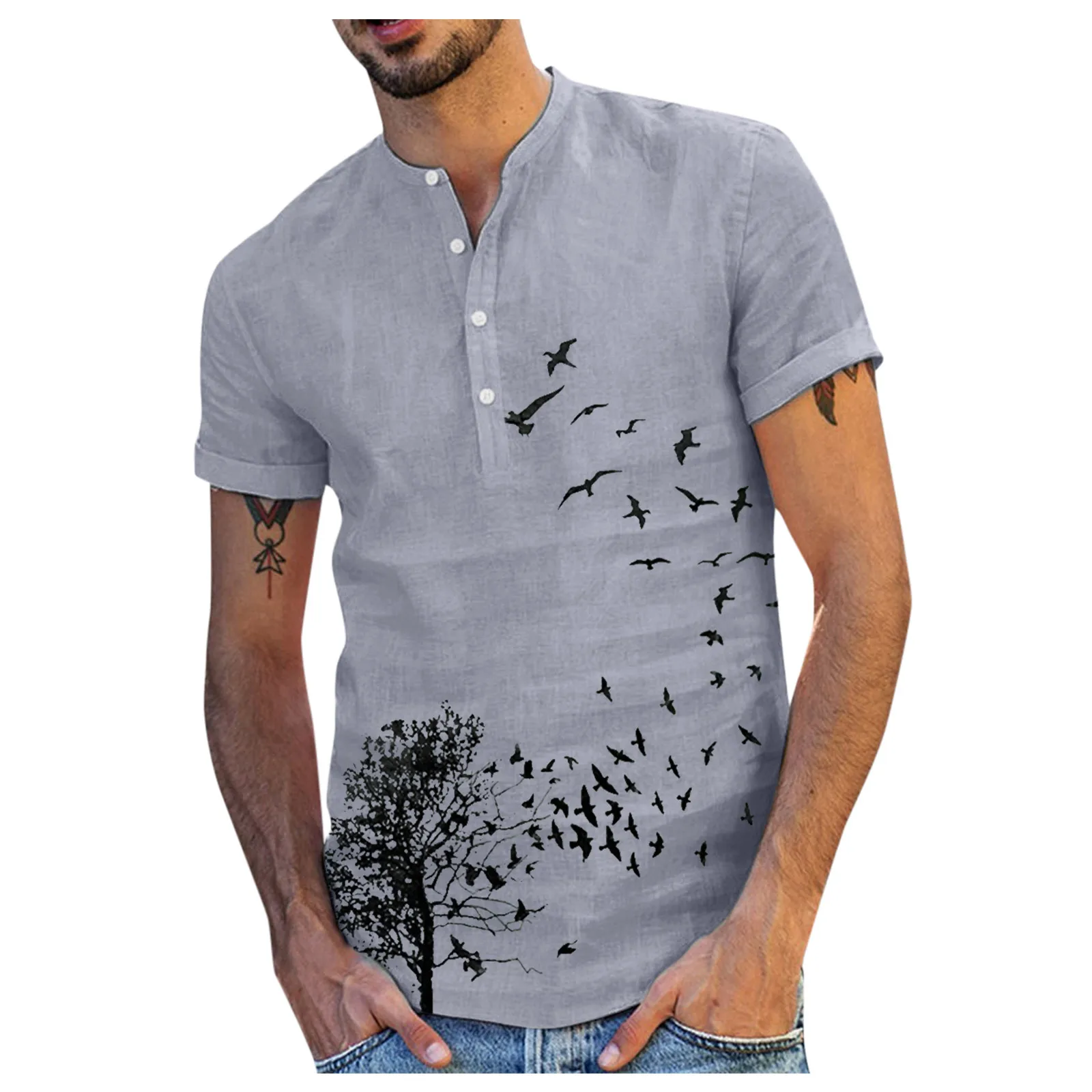 

JAYCOSIN Shirts For Men Casual Tree&Bird Print Shirt Stand Collar Button Cotton Linen Shirt Loose Tops Blouse Men Clothing