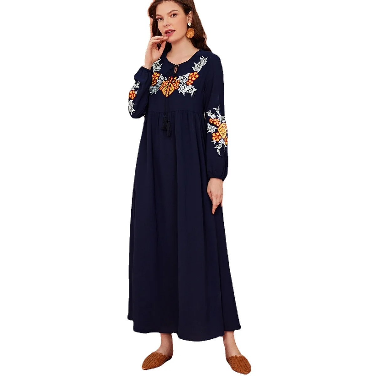 

Женское платье с длинным рукавом, Повседневное платье с вышивкой в полоску, в мусульманском стиле на Ближнем Востоке, Дубай, 2021