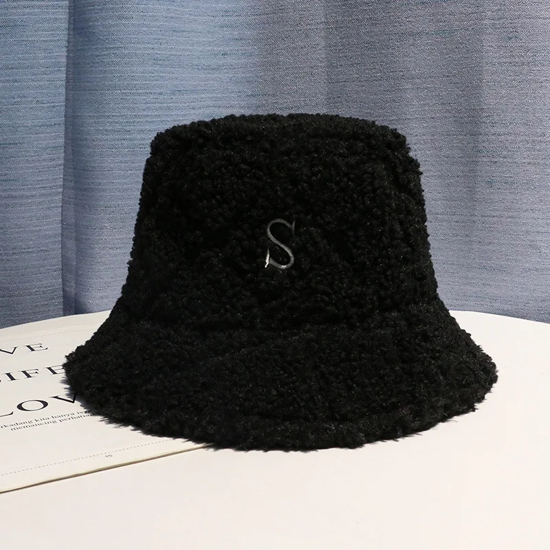

Winter Lamb Wool Warm Hat. Women's Fashion Embroidered Letter Hat. Lamb Fur Fisherman's Hat Warm Plush Large Basin Hat
