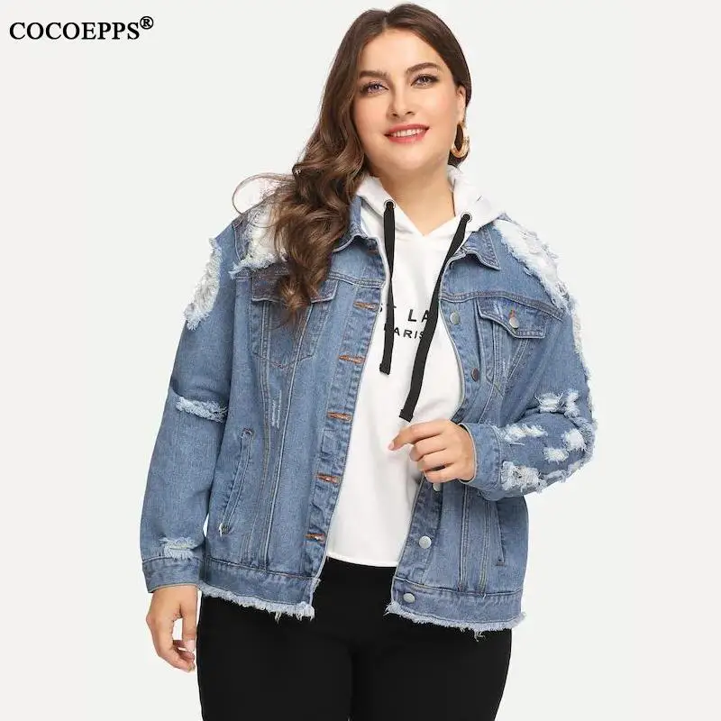 Женская джинсовая куртка с дырками Повседневная Свободная зимняя из денима