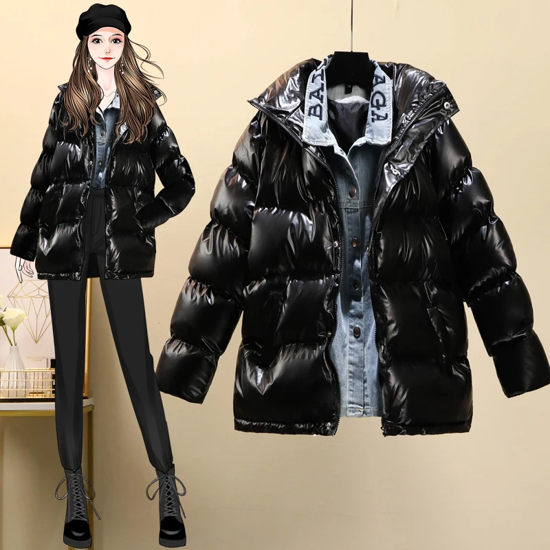 

Women's Winter Fake Two-Piece Denim Stitching Cotton Jackets Woman Fashion Casual Bright Face Down Cotton Coat Female