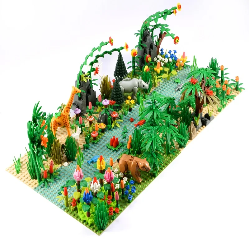 

Forest Scene Grass Tree Animals Giraffe Rhino Figures Building Blocks Bricks Assembly Decoration Jungle Plant Kids Toys Gifts