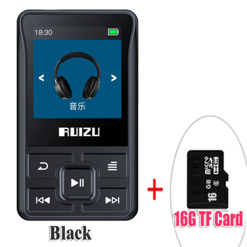 BlackWith16GBTFcard Новейший Спортивный Bluetooth MP3-плеер RUIZU X55, 8 ГБ, мини-клип с поддержкой экрана, FM, запись, электронная книга, часы, шагомер - Цвет: BlackWith16GBTFcard
