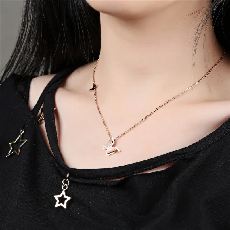 

BOTU Rose Gold Stainless Steel Butterfly Necklace 16-18 Inch Womens Girls 3D Frosted Butterfly Pendant Charms Chain Necklace