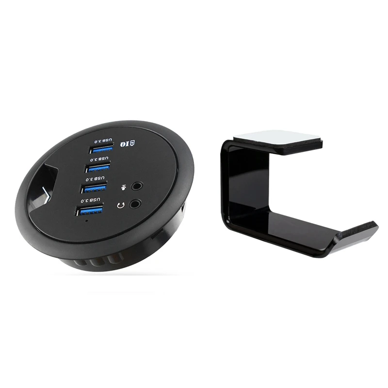 

Acrylic Headphone Bracket With Mounting In-Desk 4 Ports USB 3.0 Hub External Expansion Adapter,EU Plug