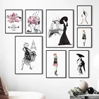 Настенная Картина на холсте Париж модное платье девушка цветок черный белый Северный плакаты и принты настенные картины для гостиной
