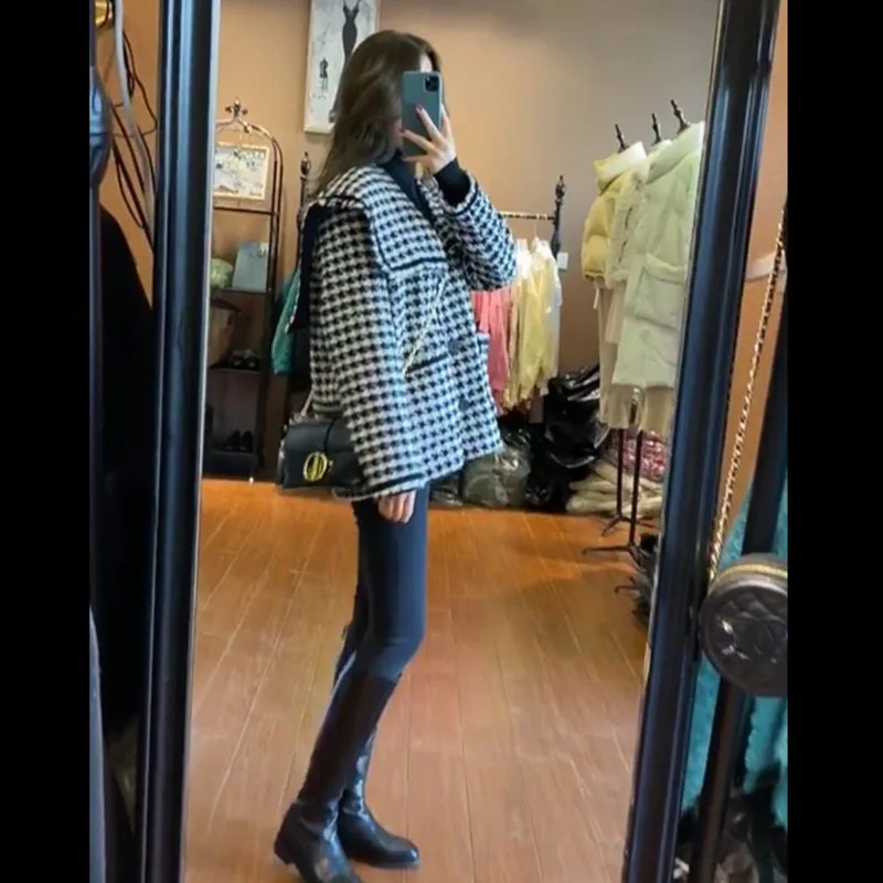 

Wenfly Women Winter New Korean Plaid Sailor Collar Single Breasted Jacket Wool Loose Thick Ladies Cotton Warm Vintage Outerwear