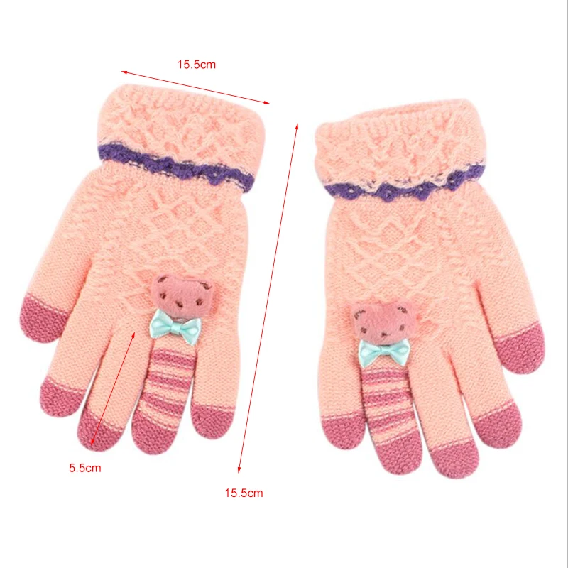 

Kids Winter Warm Gloves Knitted Gloves Full Finger Thick Mittens With Cartoon Bear Bow Gloves For Children 6 Colors