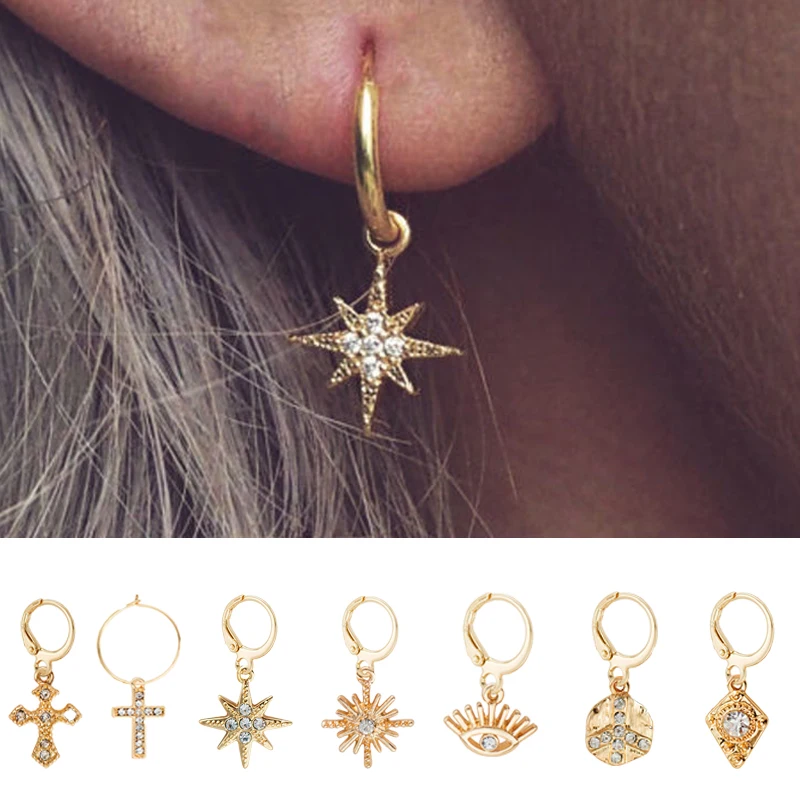 

Star Hoop Earrings for Women Gold Color Coin Cross Small Eyes Tiny Huggie Hoops Earrings With Rhinestones Minimalist Jewelry
