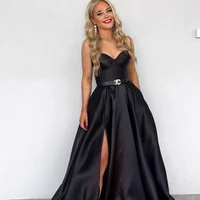 sweetheart side slit evening dresses belt sleeveless blackless floor length satin elegant party prom gowns sweep train 2021