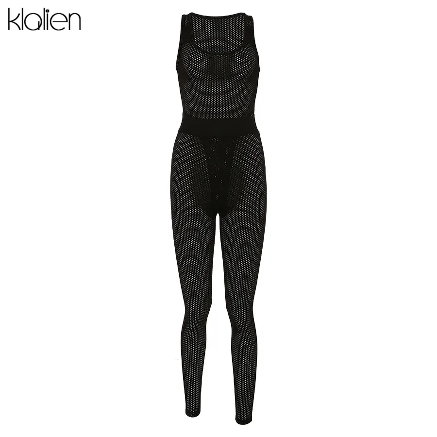 KLALIEN сетчатая ткань прозрачный без бретелек рукавов боди + леггинсы тонкие брюки