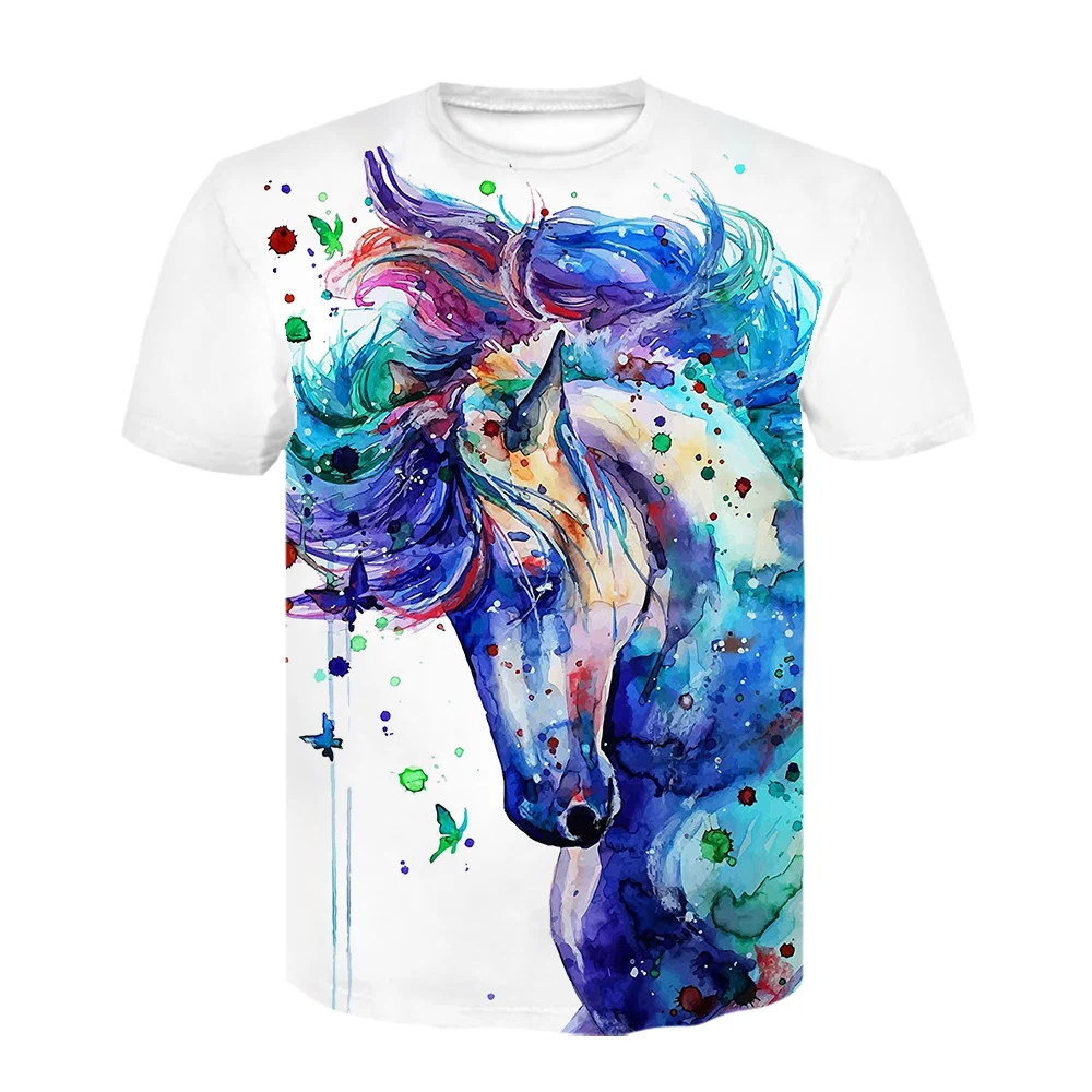 

2021 Summer New 3d Men's And Women's T-shirt Graffiti Ink Painting Horse Shirt Funny Children's Casual Short-sleeved Tops
