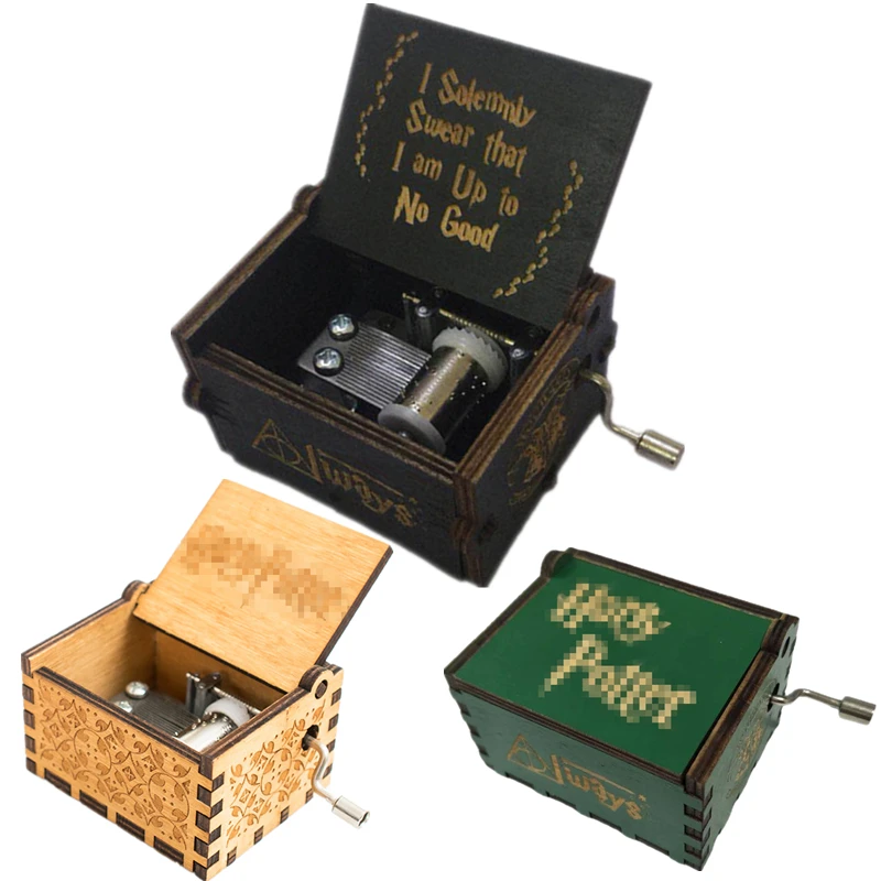 

Movie Magic Witch Wizard School Hufflepuff Ravenclaw Slytherin Theme Handmade Engraved Wooden Music Box Crafts Cosplay Prop