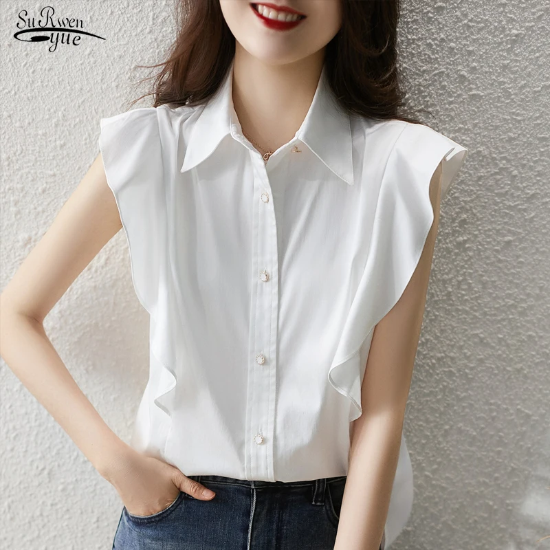 

2021 Casual Short Sleeve Ruffles Women Blouses Summer White Women Shirts Turn Down Collar Single Breasted Female Clothing 14741