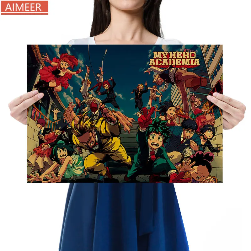 

AIMEER My Hero Academia A Collection of Characters and Characters Vintage Kraft Paper Poster Bar Cafe Decorative Painting51*36cm