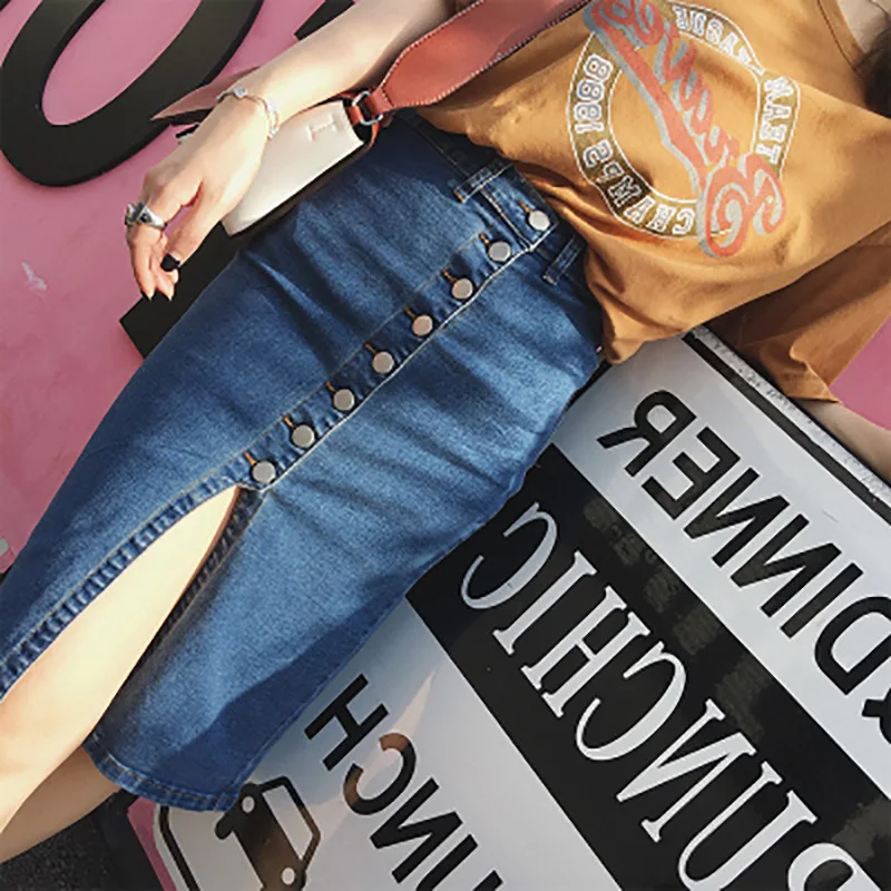 

2019 Summer Stretch Denim Skirt Women's High-waisted Slimming Single Breasted Slit Bust Sheath Midi-skirt