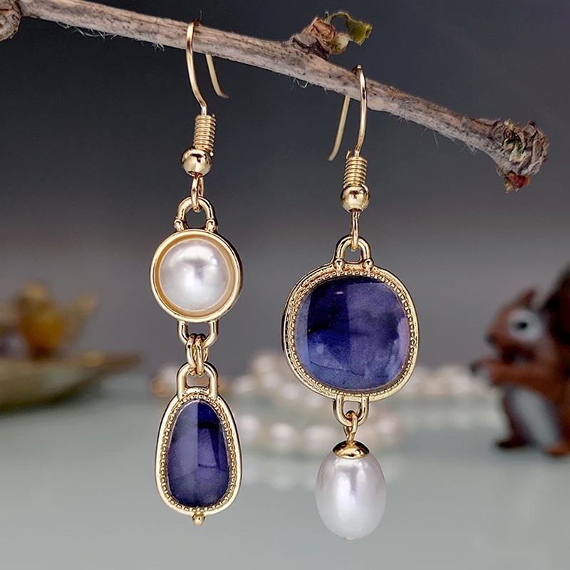 

Vintage Deep Blue Stone Pearl Earrings For Women Asymmetric Baroque Jewelry Silver Gold Color Statement Drop Earrings