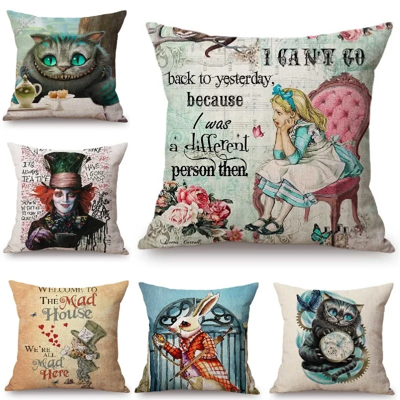 

Alice in Wonderland Cushion Cover Cute Rabbit Cat Printed Sofa Throw Pillow Vintage Home Decorative Pillow Case