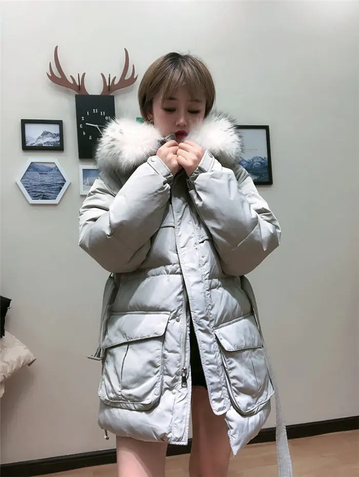 White Down Coat Winter Woman Fashion New Hooded Fur Collar Warm Thicken Cotton Clothing Casual Parkas Belt Overcoat f1401
